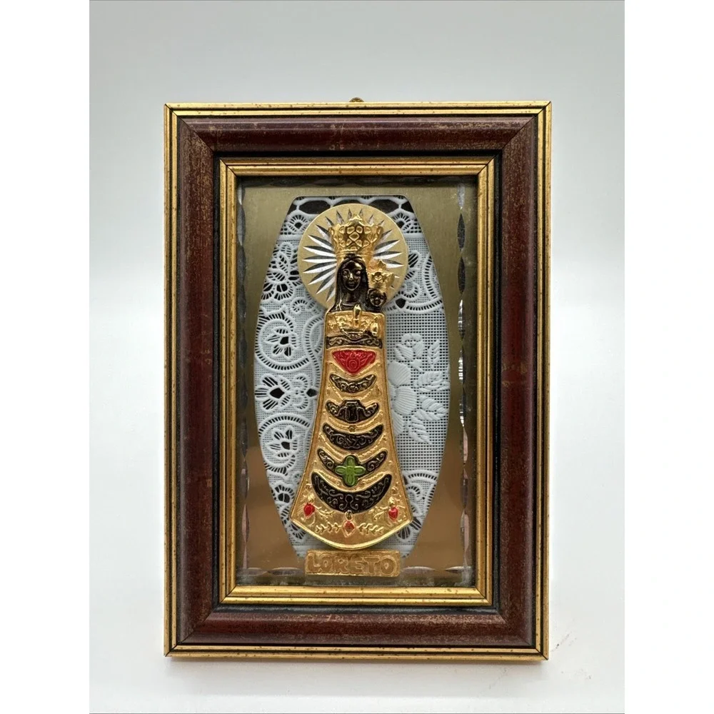 Golden Our Lady of Loreto Madonna & Child Framed Plaque Wall Desk Mount 6x4 VTG